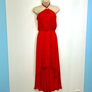 White House Black Market - Red Silky Tie Halter Hi - Low Midi Dress Size 0